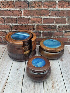 Blue Agate Wooden Coasters Trinket Boxes Set